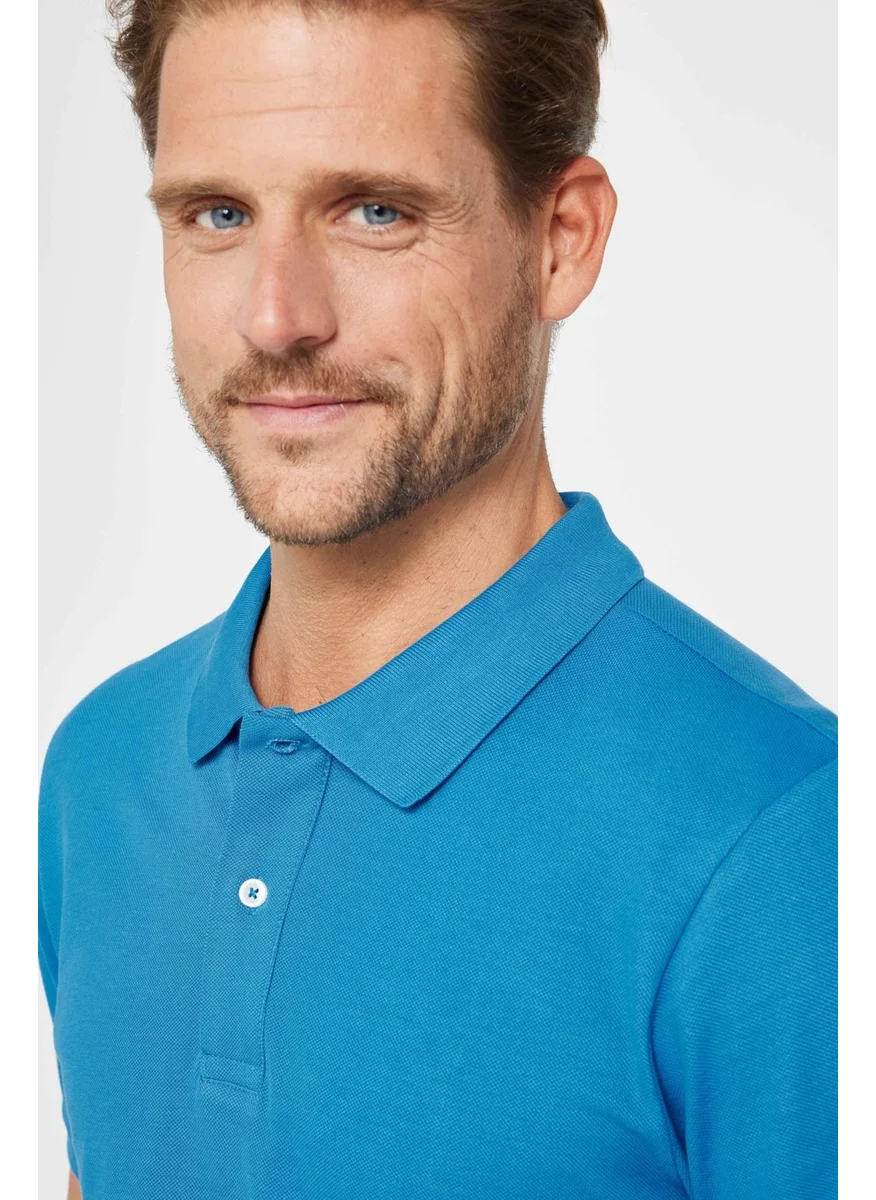 تودورس Men's Slim Fit Narrow Cut Cotton Plain Pique Blue Polo Collar T-Shirt