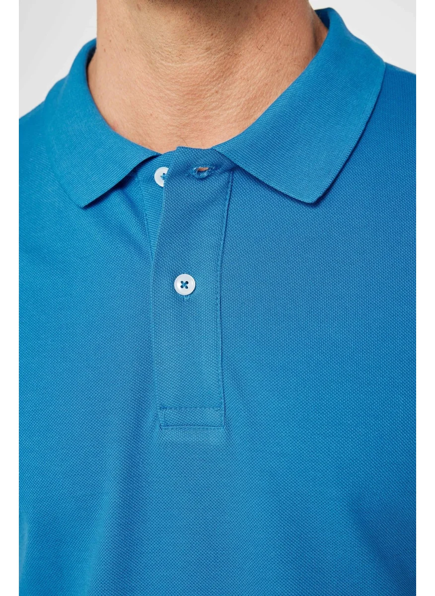 تودورس Men's Slim Fit Narrow Cut Cotton Plain Pique Blue Polo Collar T-Shirt
