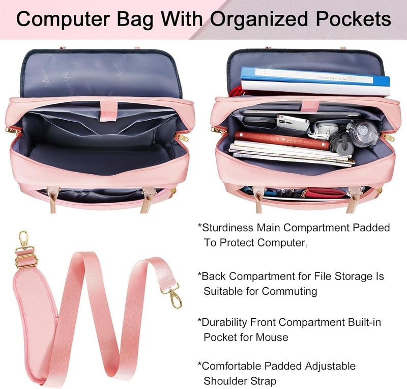 MATEIN Laptop Bag for Women, 15.6 inch Computer Briefcase Sleeve Case, Large Water Resistant Cute Messenger Work Tote Bible Temple Bag Crossbody for Teen Girls School College Office Travel Gifts, Pink - Image 2