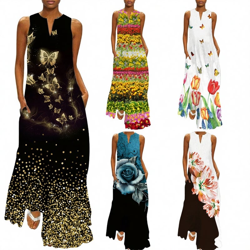 Vintage Floral Print Maxi Dress V-Neck Sleeveless Long Dress - Image 1