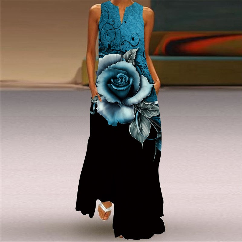 Vintage Floral Print Maxi Dress V-Neck Sleeveless Long Dress - Image 2