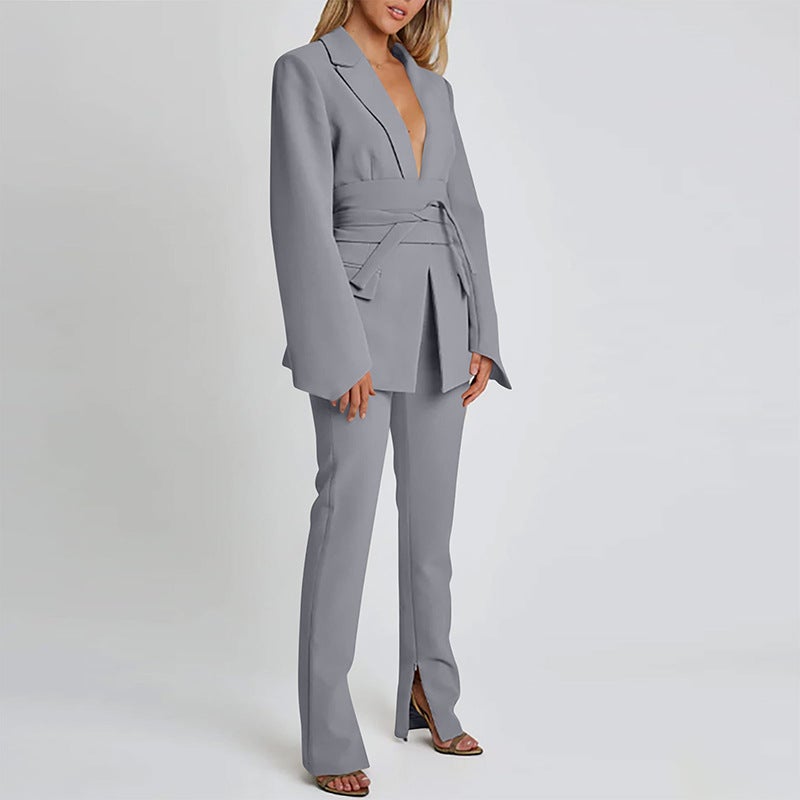 Fashion Solid Color Long Sleeve Cardigan Strap Coat Womens Casual Elegant Autumn and Winter Belt Design Sense suit Pants for Women Gray suit
