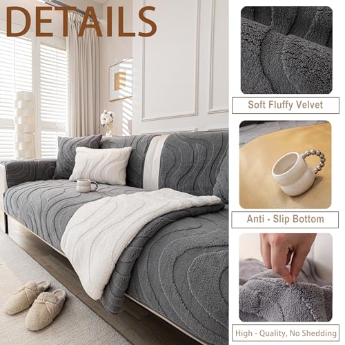 KaviKon Couch Cover Sofa Covers Washable, Velvet Fleece Sofa Slipcovers for 3 Cushion Couch, Non-Slip Furniture Protector for Dog Pet, L Shaped Recliner Sectional Couch Cover Grey,36"X71"(Only 1 Pcs) - Image 2
