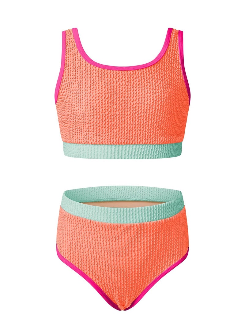 blibean Tween Girls Swimsuits Teen 2 Piece Bathing Suits Big Kids Colorblock Bikini Sets High Waisted Cute Swim Suit Junior Textured Swimwear Padding Traje BaÃ±o NiÃ±as Size 8-9 Year Orange - Image 1