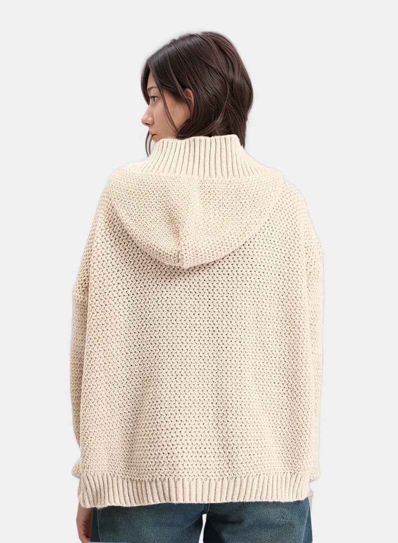 RAVIN Women Hooded Open Neckline Knitted Cardigan Beige - Image 2