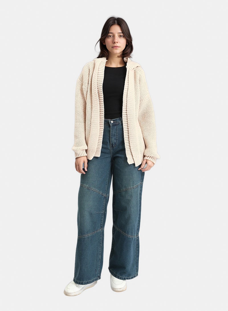 RAVIN Women Hooded Open Neckline Knitted Cardigan Beige - Image 4