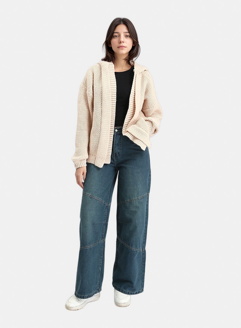 RAVIN Women Hooded Open Neckline Knitted Cardigan Beige - Image 5