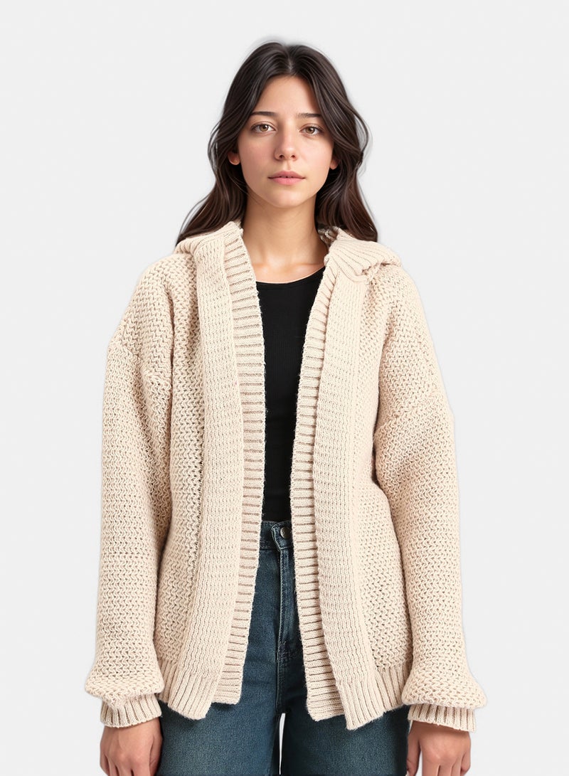 RAVIN Women Hooded Open Neckline Knitted Cardigan Beige - Image 1