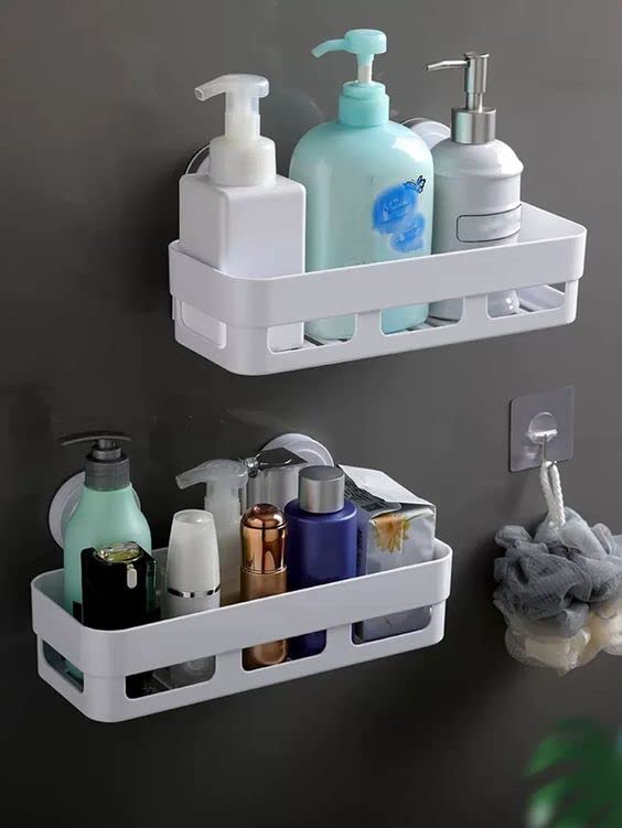 WEZOSHINET 2 Pc Self Adhesive Kitchen and Bathroom Shelves Wall Organizer Plastic Storage Shelf Fashion Simple Style Shower Organizer Rack Kitchen and Bathroom Storage Holder - Image 1