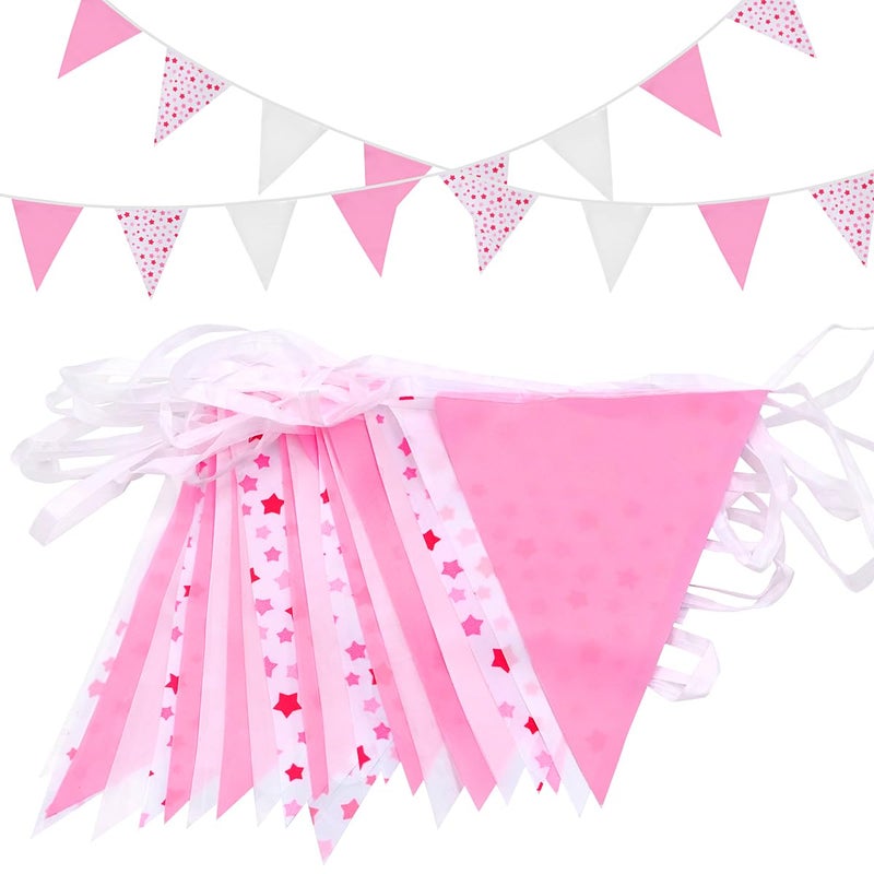 Topeedy Pink White Bunting Banner With Stars, 65.6 Feet 52pcs Triangle Flags Pennant for Indoor Outdoor Birthday Wedding Engagement Party Decoration - Image 1