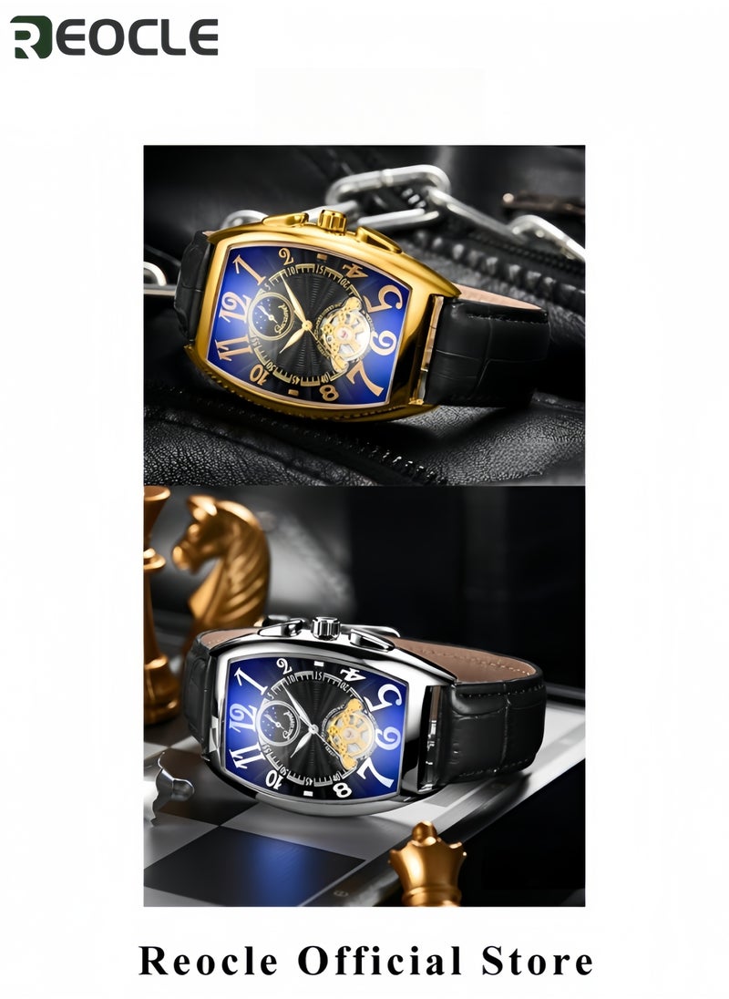 REOCLE Men's Automatic Mechanical Watch Tourbillon Moon Phase Wrist Watch with Barrel-shaped Arabic Numeral Dial & Leather Strap Retro Luxury Dress Watch  - Image 2