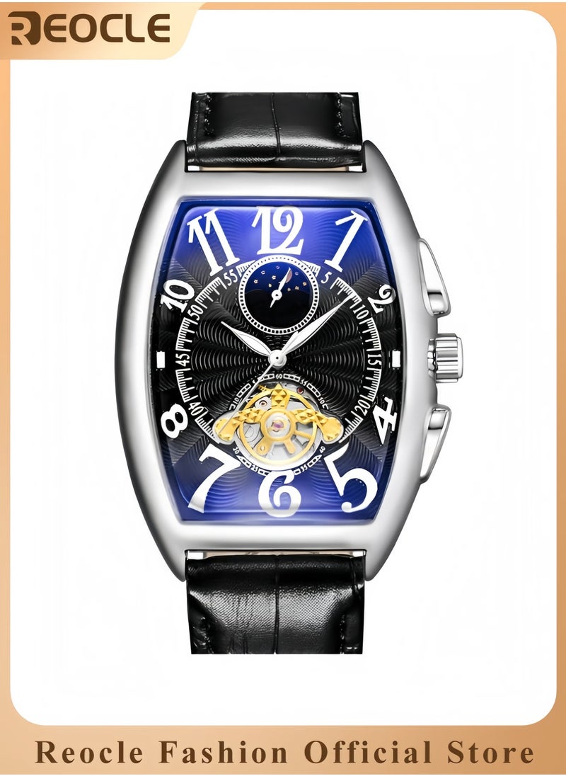 REOCLE Men's Automatic Mechanical Watch Tourbillon Moon Phase Wrist Watch with Barrel-shaped Arabic Numeral Dial & Leather Strap Retro Luxury Dress Watch  - Image 1