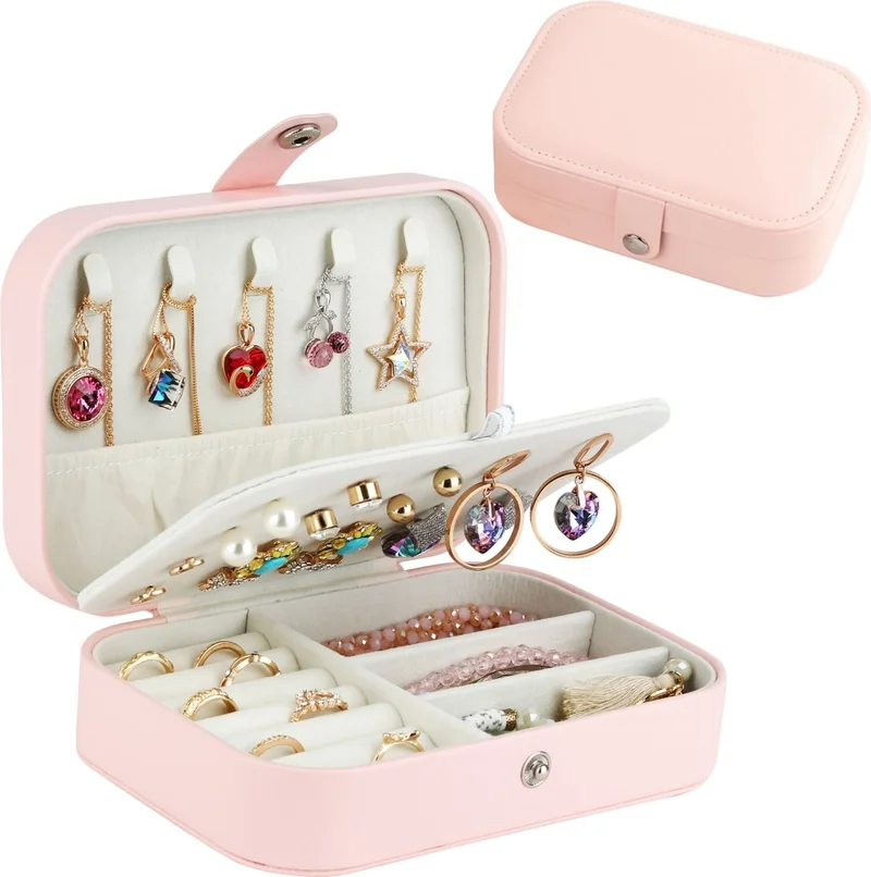 Chavin Pink Leather Travel Ring Earring Necklace Jewelry Box ST1-65PM