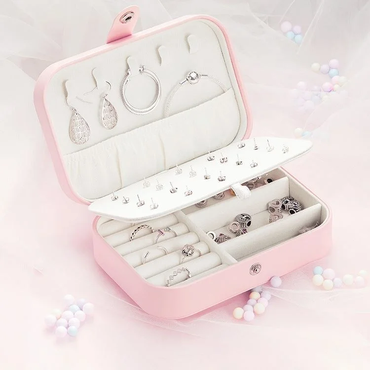 Chavin Pink Leather Travel Ring Earring Necklace Jewelry Box ST1-65PM