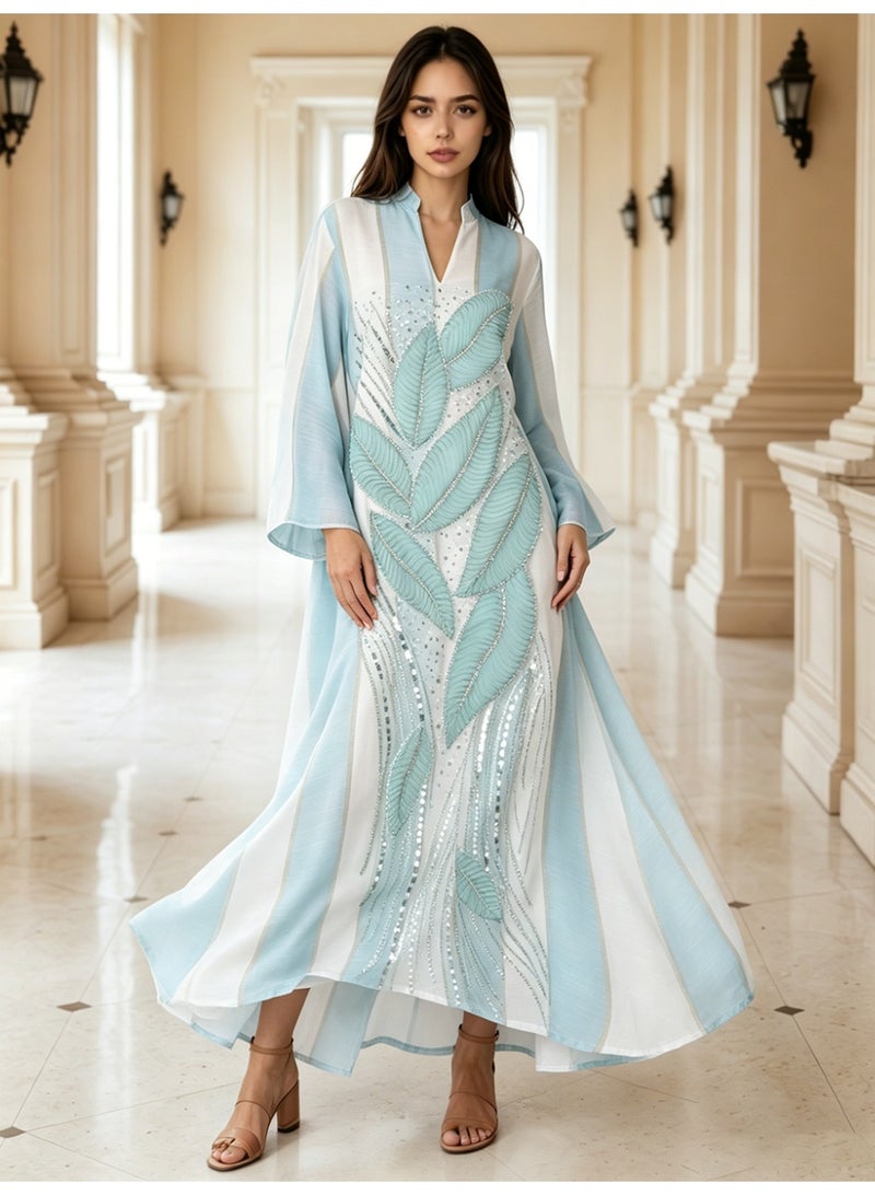 Kaiyuede Dubai Mint Green 3D Leaf Beaded Sequin Abaya | Mandarin Collar V-Neck Opaque Lined Modest Dress for Eid & Daily Wear - Image 1