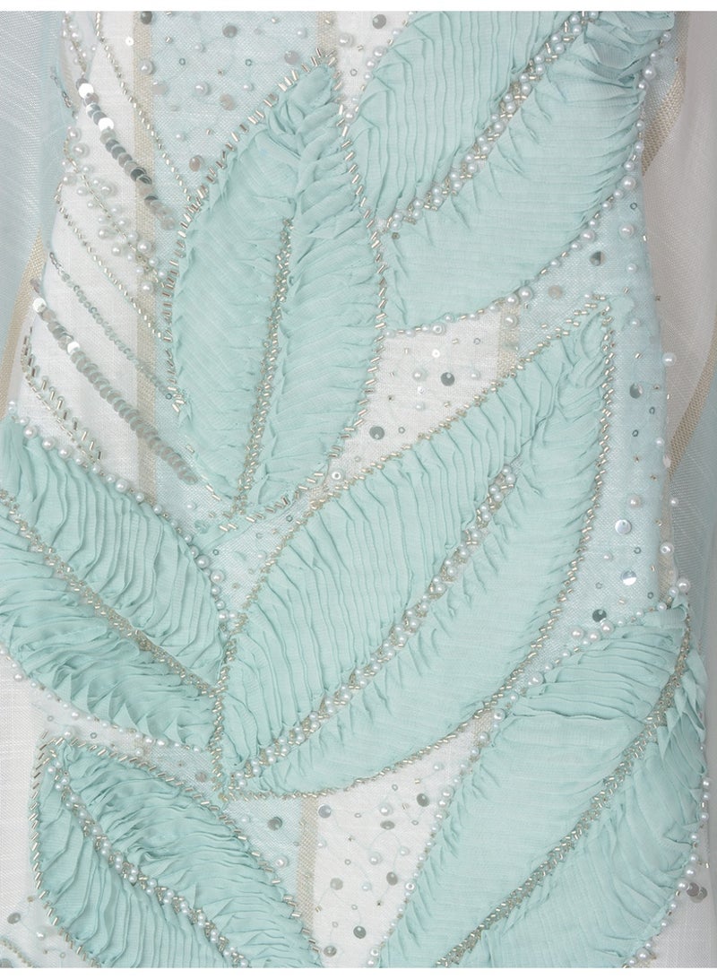 Kaiyuede Dubai Mint Green 3D Leaf Beaded Sequin Abaya | Mandarin Collar V-Neck Opaque Lined Modest Dress for Eid & Daily Wear - Image 2