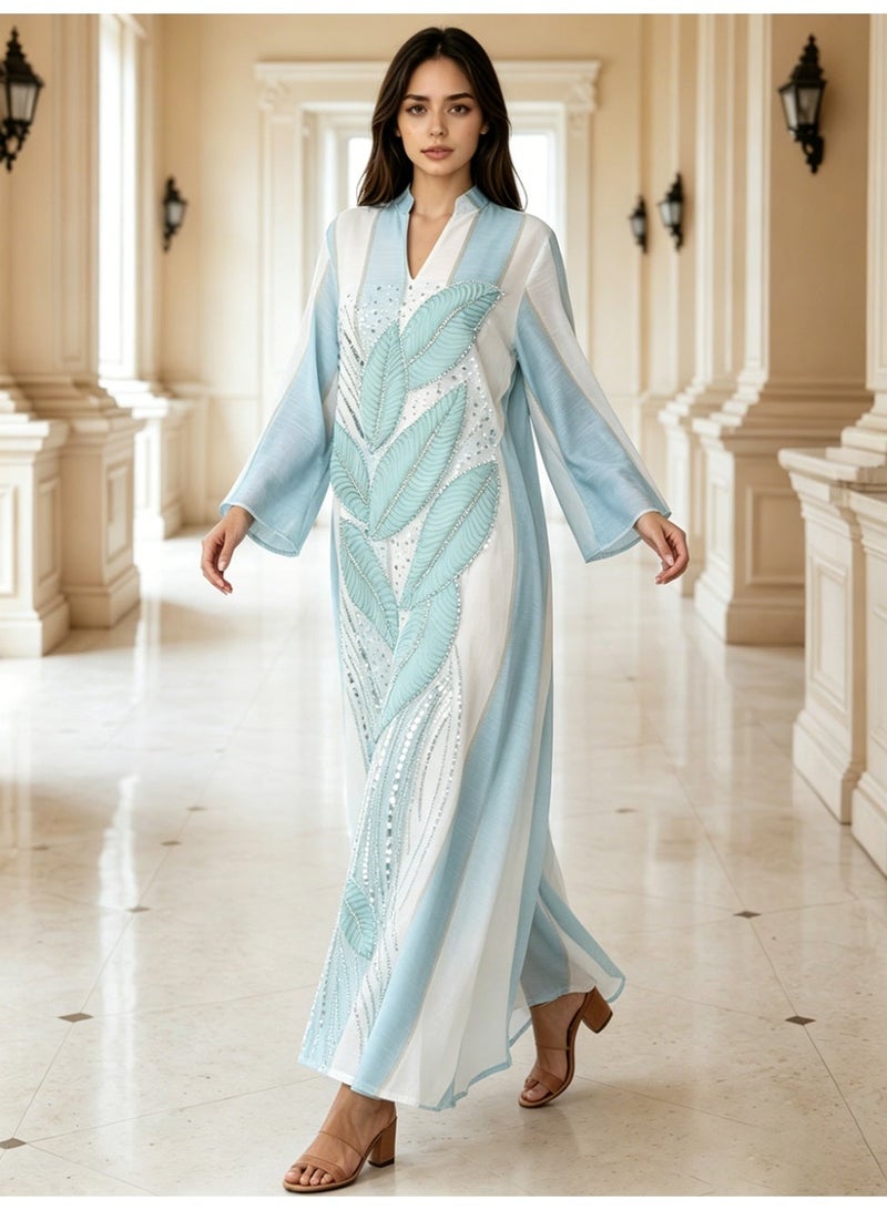 Kaiyuede Dubai Mint Green 3D Leaf Beaded Sequin Abaya | Mandarin Collar V-Neck Opaque Lined Modest Dress for Eid & Daily Wear - Image 4