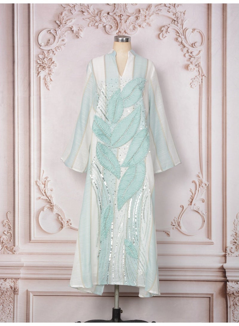 Kaiyuede Dubai Mint Green 3D Leaf Beaded Sequin Abaya | Mandarin Collar V-Neck Opaque Lined Modest Dress for Eid & Daily Wear - Image 5