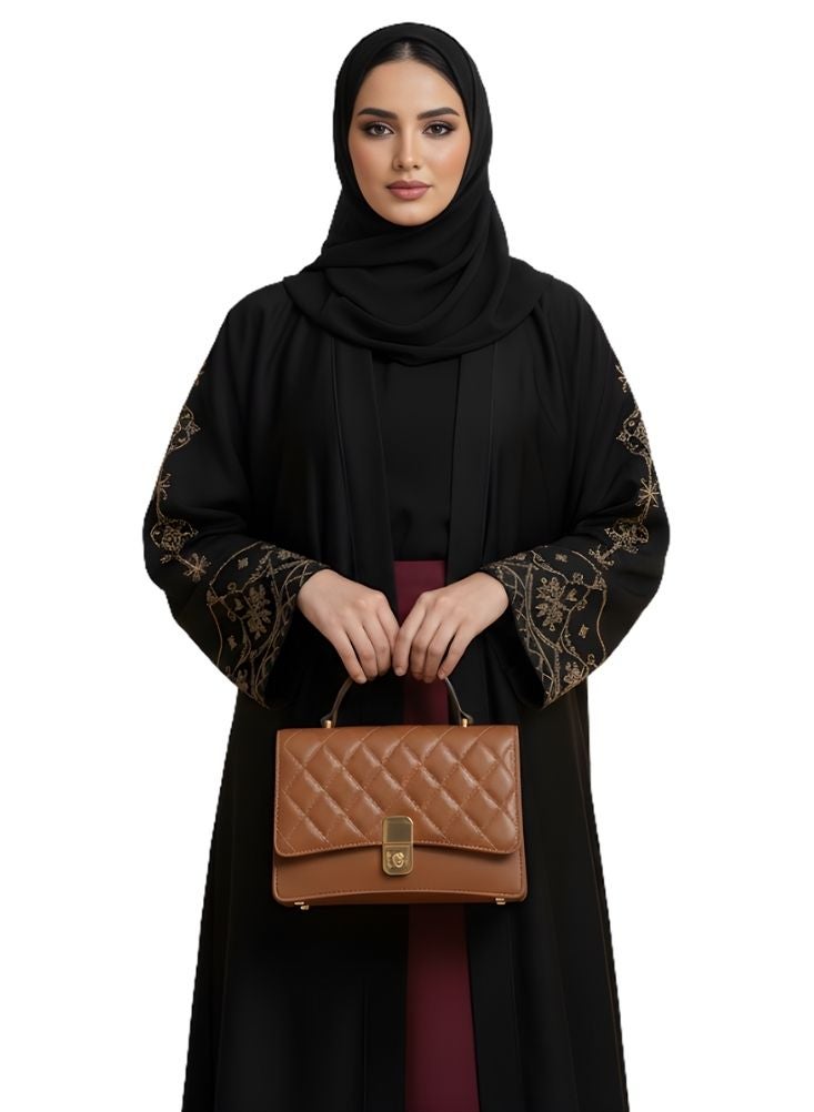 بريميم حقيبة يد نسائية بنية اللون، مبطنة، بمقبض علوي، بتصميم خياطة كلاسيكي وقفل ذهبي. - Image 2