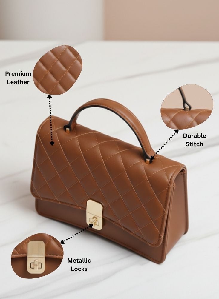 بريميم حقيبة يد نسائية بنية اللون، مبطنة، بمقبض علوي، بتصميم خياطة كلاسيكي وقفل ذهبي. - Image 3