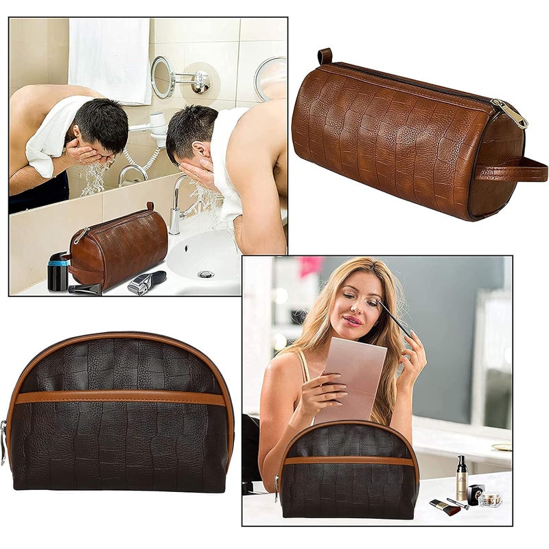 SNDIA حقيبة سفر من الجلد الصناعي PU مجموعة من 2 للرجال والنساء، حقيبة مجموعة الحلاقة، حقيبة مستحضرات التجميل للنساء والرجال (له ولها) بني - Image 3