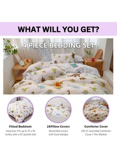FAMYO Famyo 4pc Bedding Set King Size 250 TC Fitted Bedsheet Comforter Cover 2 Pillow Covers for Kids Duvet Bedding Set Cute Dino Park  - Image 3