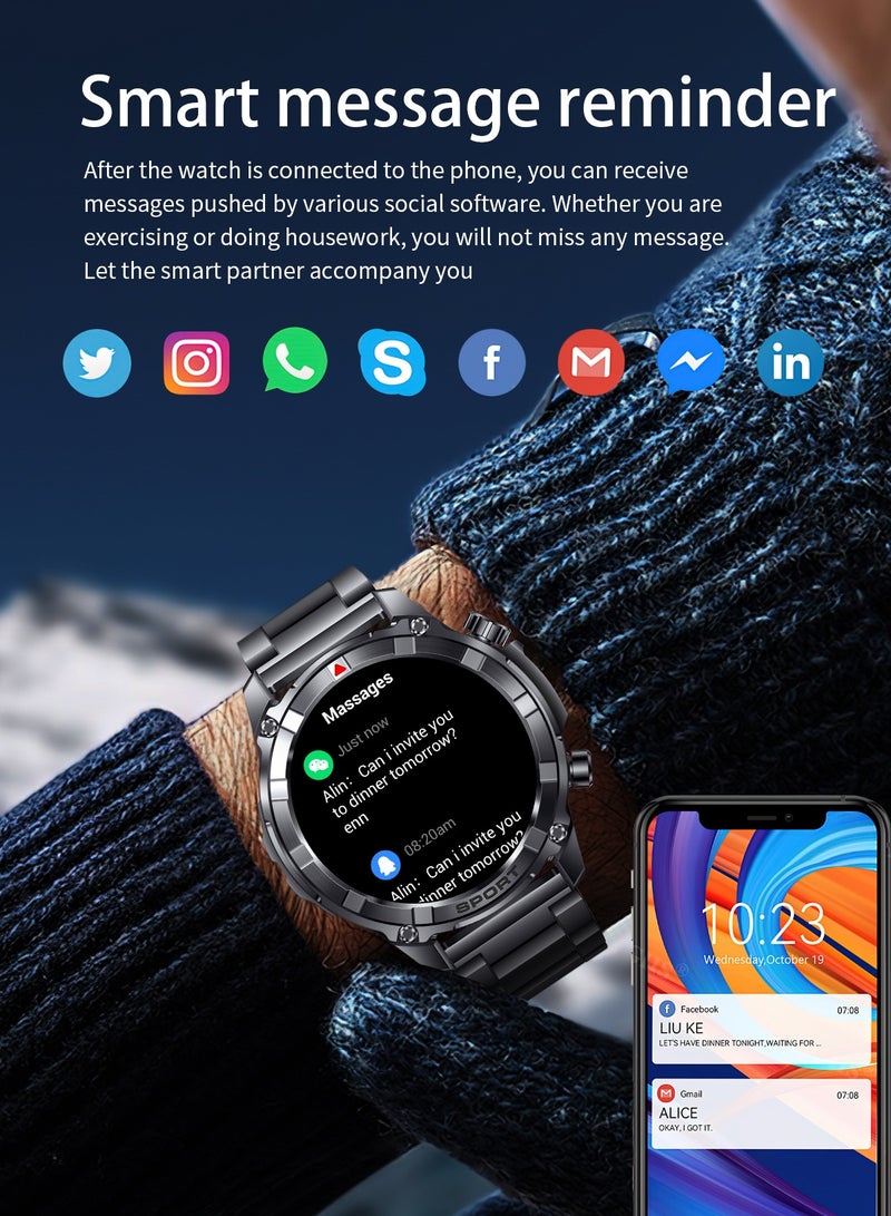 رولستيمي ساعة ذكية للرجال ، شاشة كبيرة عالية الدقة مقاس 1.52 بوصة ، مقاومة للماء بعمق آي بي 68 ، تذكير برسائل ذكية ، بطارية طويلة 500 مللي أمبير في الساعة ، مصباح ليد جيب ، مراقبة صحية ، أكثر من 100 وضع رياضي ، ساعة ذكية غير رسمية متقدمة ، سوار فولاذي من آي 116 أسود - Image 4