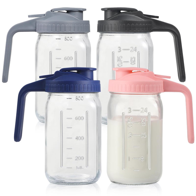 Balter-D 4 Pack 32oz Glass Pitcher with Lid, Double Leakproof Glass Mason Jar Pitcher with Pour Spout Lid, 1 Quart, Wide Mouth Storage Container for Breastmilk, Sun Tea, Juice, Cold Brew Coffee, Water - Image 1