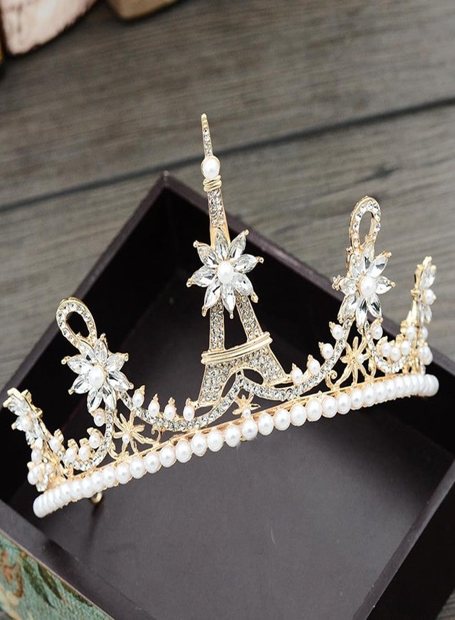 Beaupretty Bridal Crown Rhinestone Pearl Eiffel Tower Flower Shape Wedding Crown Hair Tiara Accessories for Birthday Wedding Party - Image 3