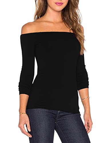 Sarin Mathews Women's Sexy Slim Fit Stretchy Off Shoulder Long Sleeve Blouse Tops Shirt Black S - Image 3