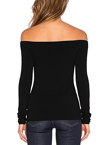 Sarin Mathews Women's Sexy Slim Fit Stretchy Off Shoulder Long Sleeve Blouse Tops Shirt Black S - Image 2