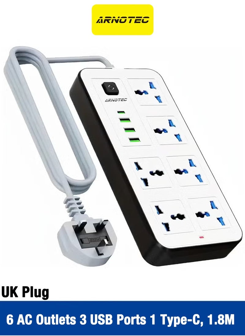 ARNOTEC Power Strip Extension Lead with USB C, 6 AC Outlets 3 USB Ports 1 Type-C, 1.8M Cable, Universal Socket, Surge Protection, Child Safety Cover, 2500W, UK Plug  - Image 1