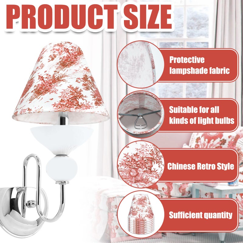 BUAEL Set of 8 Small Chandelier Shade French Countryside Toile Shade 3" x 6" x 5" Lamp Chimney Cover for Table Chandelier Wall Lamp (Red-â€ŽVintage) - Image 3
