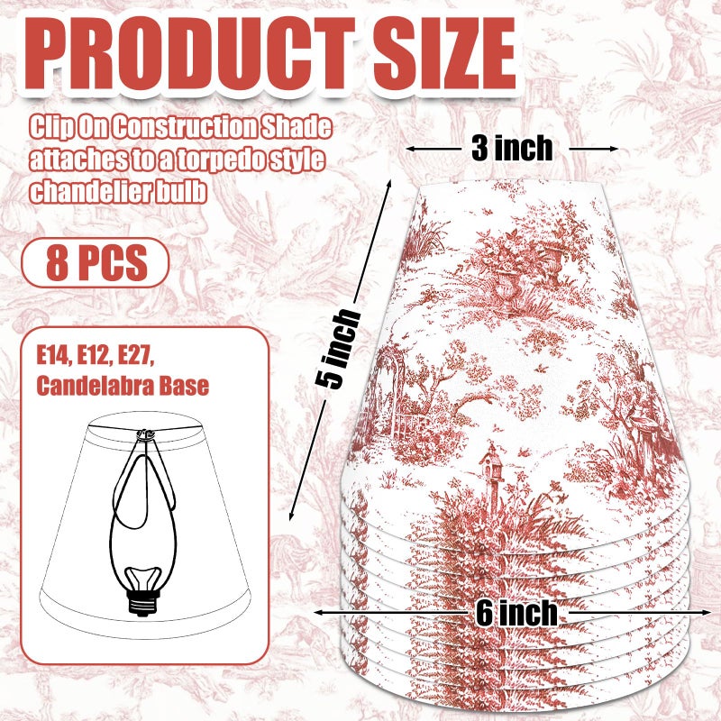 BUAEL Set of 8 Small Chandelier Shade French Countryside Toile Shade 3" x 6" x 5" Lamp Chimney Cover for Table Chandelier Wall Lamp (Red-â€ŽVintage) - Image 2