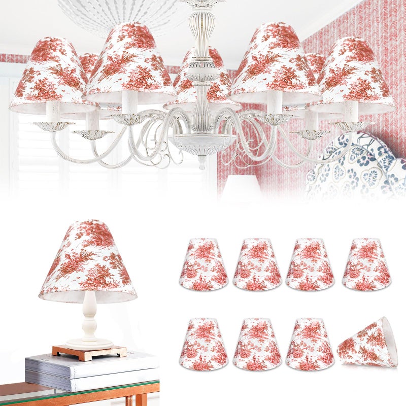 BUAEL Set of 8 Small Chandelier Shade French Countryside Toile Shade 3" x 6" x 5" Lamp Chimney Cover for Table Chandelier Wall Lamp (Red-â€ŽVintage) - Image 1