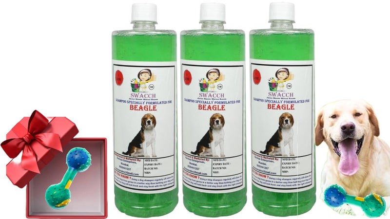 swacch Beagle Dog Shampoo + Dumbbell Toy I Durable Rubber Dog Toy for Chewing I Playing,Teeth Cleaning & Training Toy I Combo Pack I 1 Litre Pack of 3 Neem Alovera - Image 1