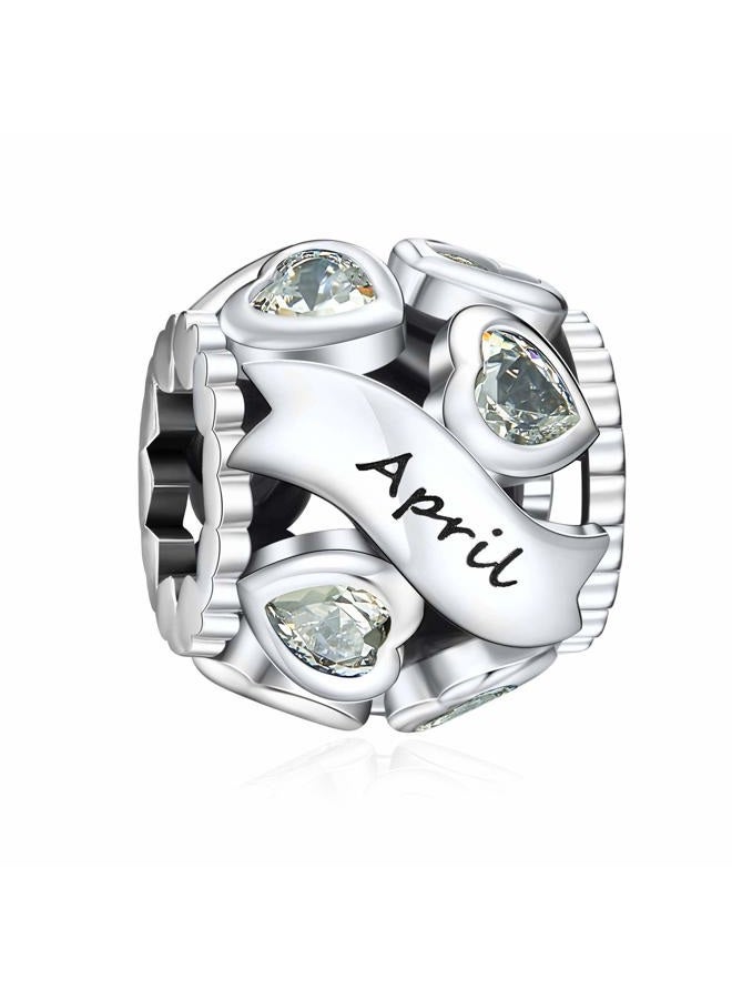 NINGAN Birthstone Charms 925 Sterling Silver Love Heart Openwork Bead for Charm Bracelets and Necklaces with 5A Cubic Zirconia, Birthday Mothers Day Jewelry Gifts Women, ONESIZE, Silver Cubic Zirconia - Image 1