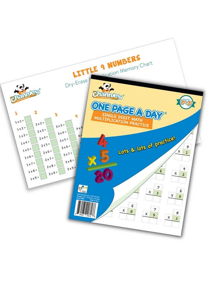 Channie's Channie’s Math Practice Combo Pack for Elementary School Students, One Page a Day Workbook and Little 9 Little Numbers Reusable Dry Erase Poster for Practicing Single Digit Multiplication Problems - Image 1