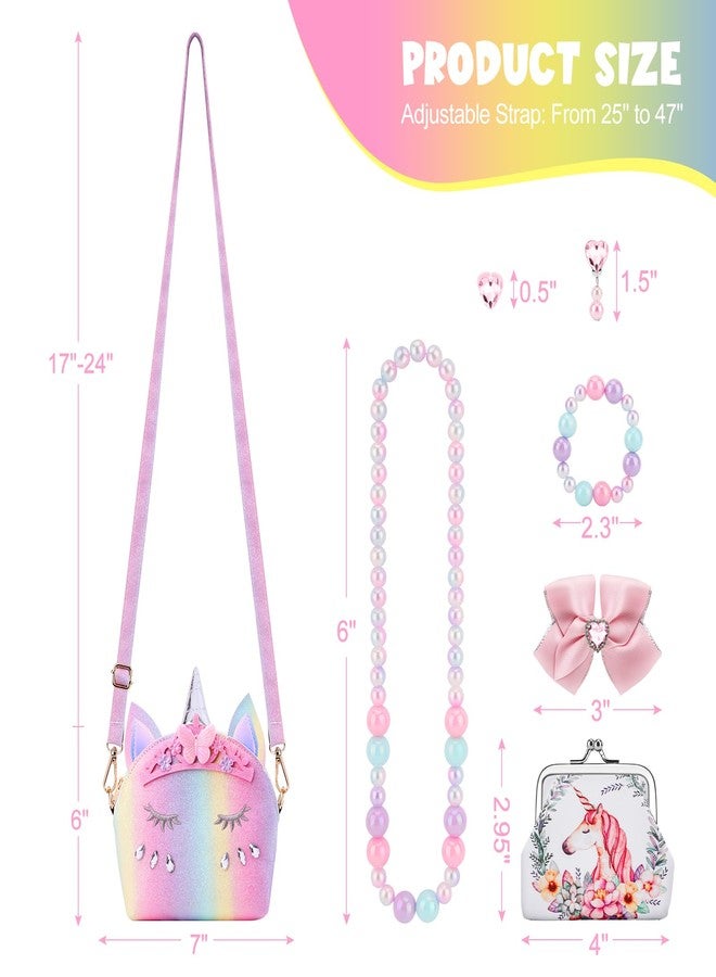JYPS 7PCS Toddler Purse for Girl, Girls Wallet with Pretend Play Toys, Princess Toys with Kids Dress Up Jewelry Set, Pink, Rainbow Crown Unicorn - Image 5