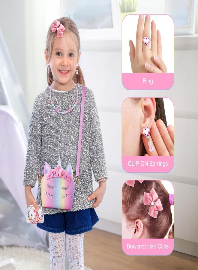 JYPS 7PCS Toddler Purse for Girl, Girls Wallet with Pretend Play Toys, Princess Toys with Kids Dress Up Jewelry Set, Pink, Rainbow Crown Unicorn - Image 2