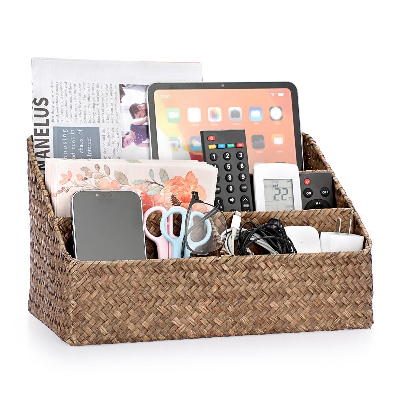 BTSKY Woven Storage Basket Natural Seagrass Vertical Wicker Storage Baskets with 4 Compartments Desk Organizers and Storage Magazine File Holder Home Office Supplies Sorter Rack, Coffee - Image 1