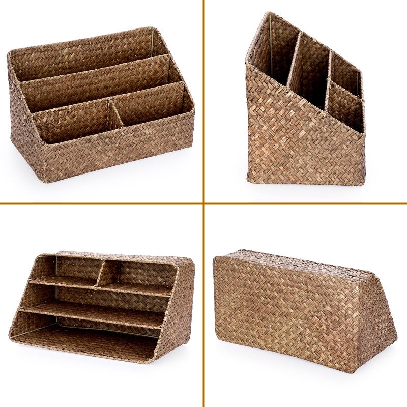 BTSKY Woven Storage Basket Natural Seagrass Vertical Wicker Storage Baskets with 4 Compartments Desk Organizers and Storage Magazine File Holder Home Office Supplies Sorter Rack, Coffee - Image 5