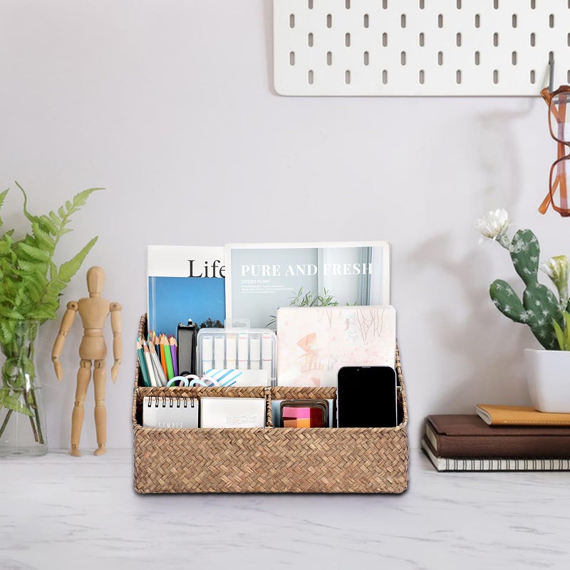 BTSKY Woven Storage Basket Natural Seagrass Vertical Wicker Storage Baskets with 4 Compartments Desk Organizers and Storage Magazine File Holder Home Office Supplies Sorter Rack, Coffee - Image 2
