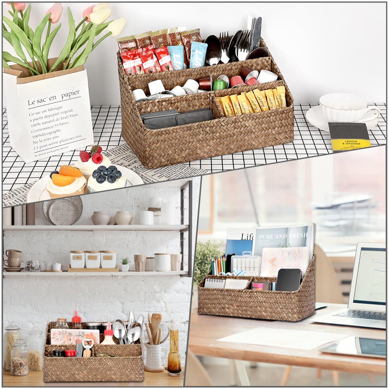BTSKY Woven Storage Basket Natural Seagrass Vertical Wicker Storage Baskets with 4 Compartments Desk Organizers and Storage Magazine File Holder Home Office Supplies Sorter Rack, Coffee - Image 3