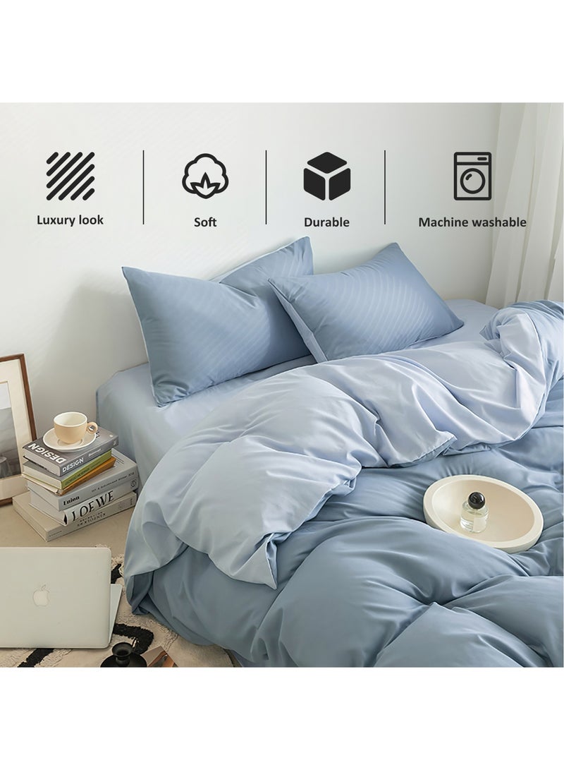زيريفام طقم غطاء لحاف قطني، 4 قطع غطاء لحاف من الألياف الدقيقة الناعمة الممشطة مع سحاب للإغلاق، يتضمن 1 غطاء لحاف 200 × 230 سم و1 ملاءة مسطحة و2 كيس وسادة، مقاس كامل (أزرق ضبابي) - Image 3