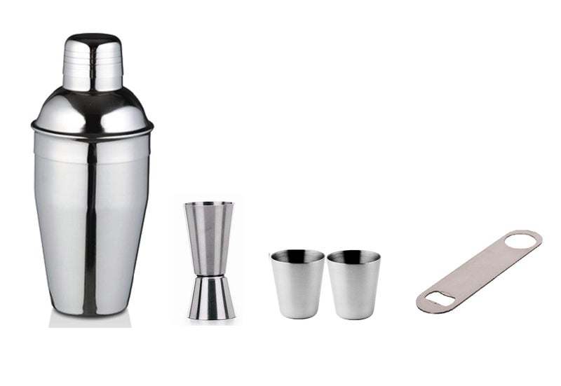 Dynore Stainless Steel Pocket Friendly Bar Set- Cocktail Shaker 500 ml, Bottle Opener, 2- Shot Glass 50 ml, Peg Measure 30/60 ml - Image 1