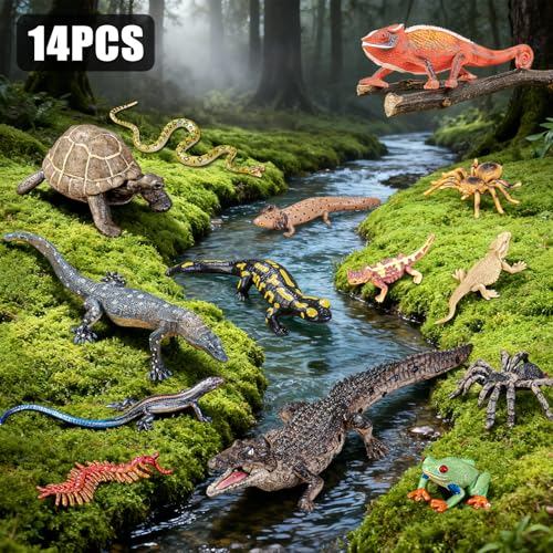 THINKBAY 14PCS Reptile Animal Figurines Toys Amphibians Diorama Toys with AxolotlHorned LizardSnakeSpiderChameleonFire SalamanderCrocodile Rainforest Animal Figurines Toy Party Favor for Kids - Image 5