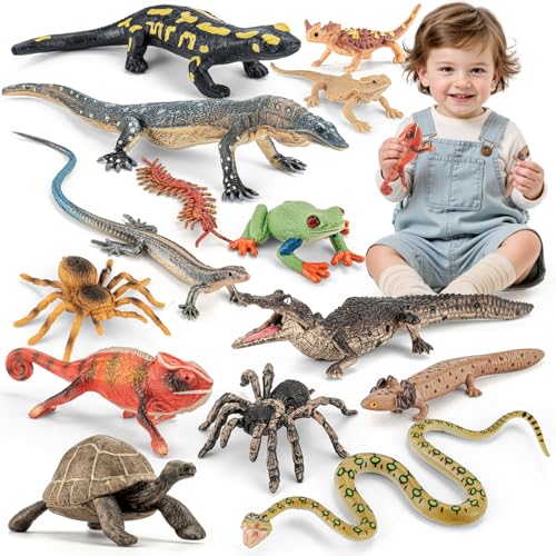 THINKBAY 14PCS Reptile Animal Figurines Toys Amphibians Diorama Toys with AxolotlHorned LizardSnakeSpiderChameleonFire SalamanderCrocodile Rainforest Animal Figurines Toy Party Favor for Kids - Image 1