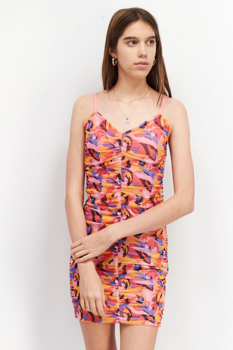 Sinsay Women Ruched Bodycon Dress, Pink Combo  - Image 1