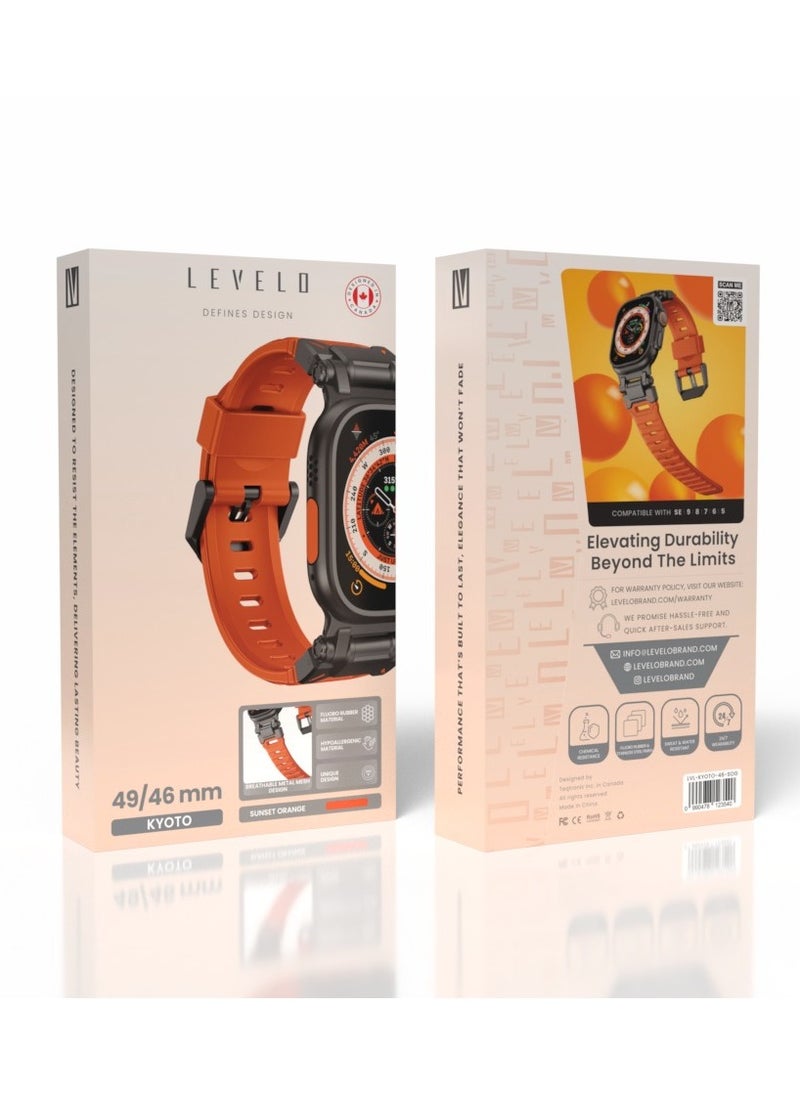 LEVELO - Kyoto Apple Watch 46/49mm Strap with Breathable Metal Mesh Design / Chemical Resistance / Hypoallergenic Material / Fluoro Rubber & Stainless-Steel Finish / 24/7 Wearability / Sweat & Water Resistant - Sunset Orange - Image 1